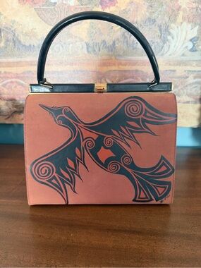 Vintage Signed Hand Painted Coral Top-Handle Bag with Raven Motif